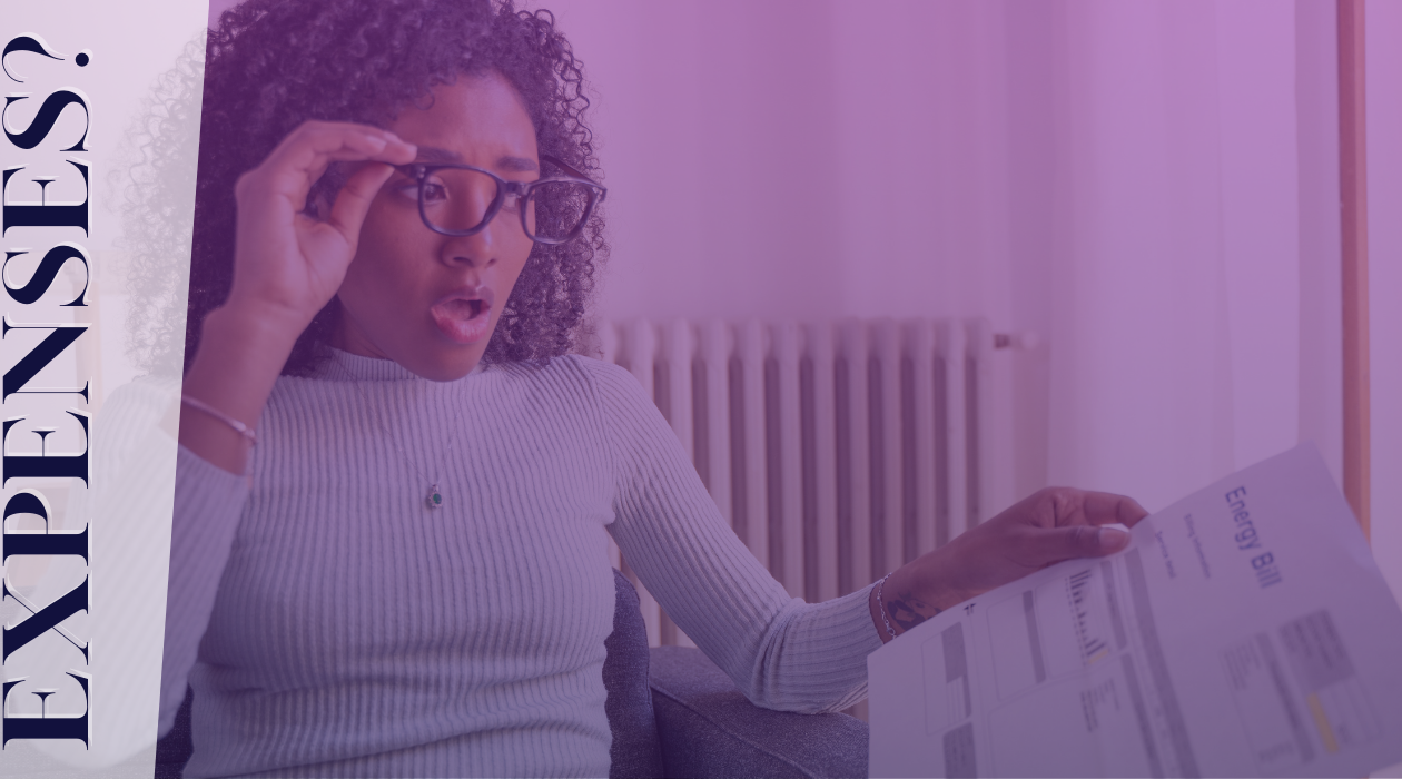 A surprised woman holding an energy bill while sitting on a couch, wearing glasses and a light ribbed sweater. She appears shocked by the expenses listed. The image has a purple overlay and the word "EXPENSES?" is written vertically on the left side.